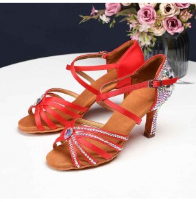 Women's black red blue rhinestones latin ballroom dance shoes sparkling soft soles salsa rumba chacha performance sandals 